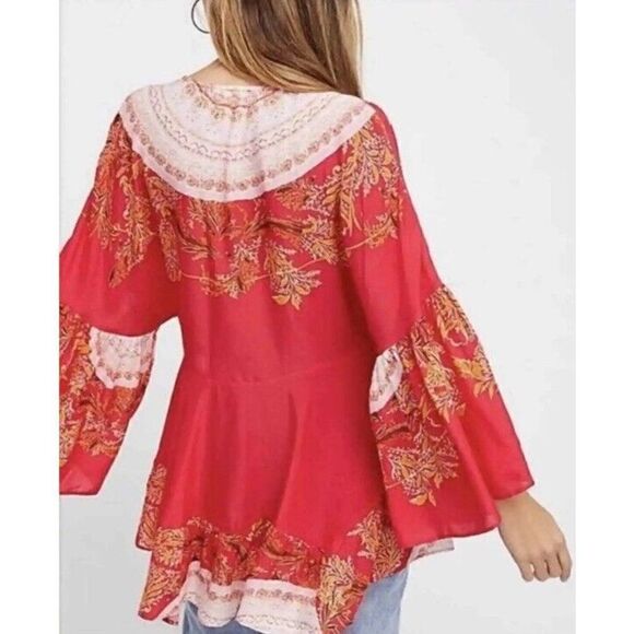 FREE PEOPLE Women Sz S Sunset Dreams Printed Red Tunic Ruffle Top - Picture 11 of 14
